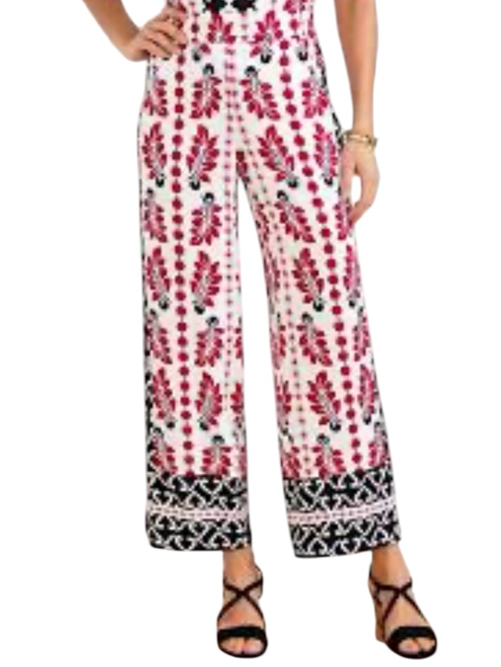 TALBOTS Wide-Leg Pull-on Geometric Palm Pants - White & Red Size Large PETITE